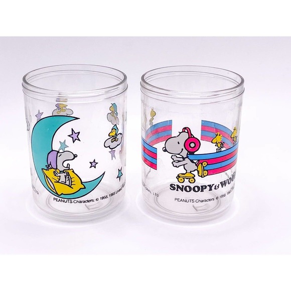 United Feature Syndicate Other - Vintage 1965 Peanuts Snoopy Woodstock Clear Plastic Cups 3" Set of 2